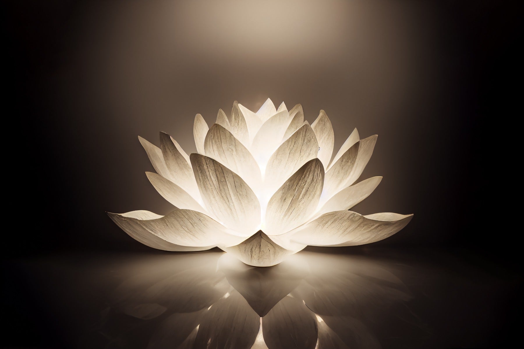 Abstract Lotus Flower wall mural close-up of a glowing white lotus blossom on a dark brown background