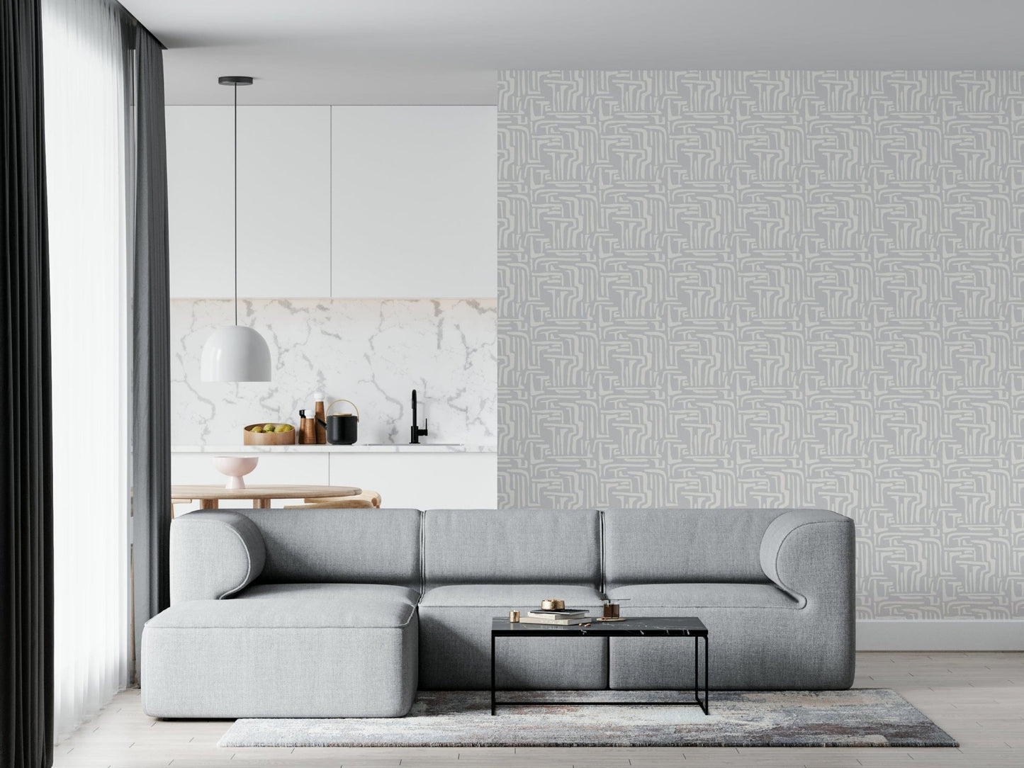 Modern hand-drawn style maze, serene home decor, Abstract Maze mural.