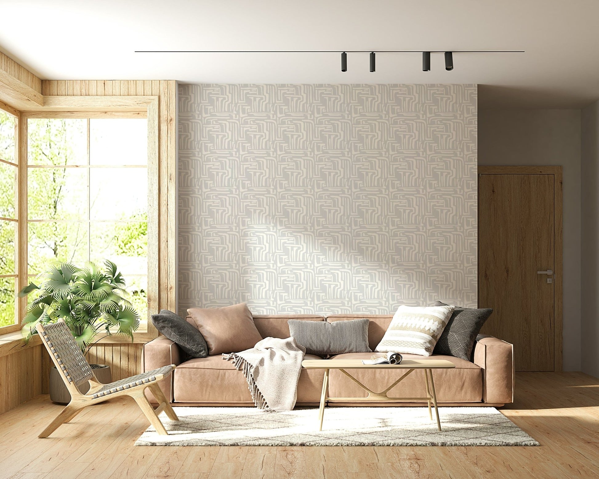 Neutral-toned geometric print, interconnected forms, Abstract Maze covering.