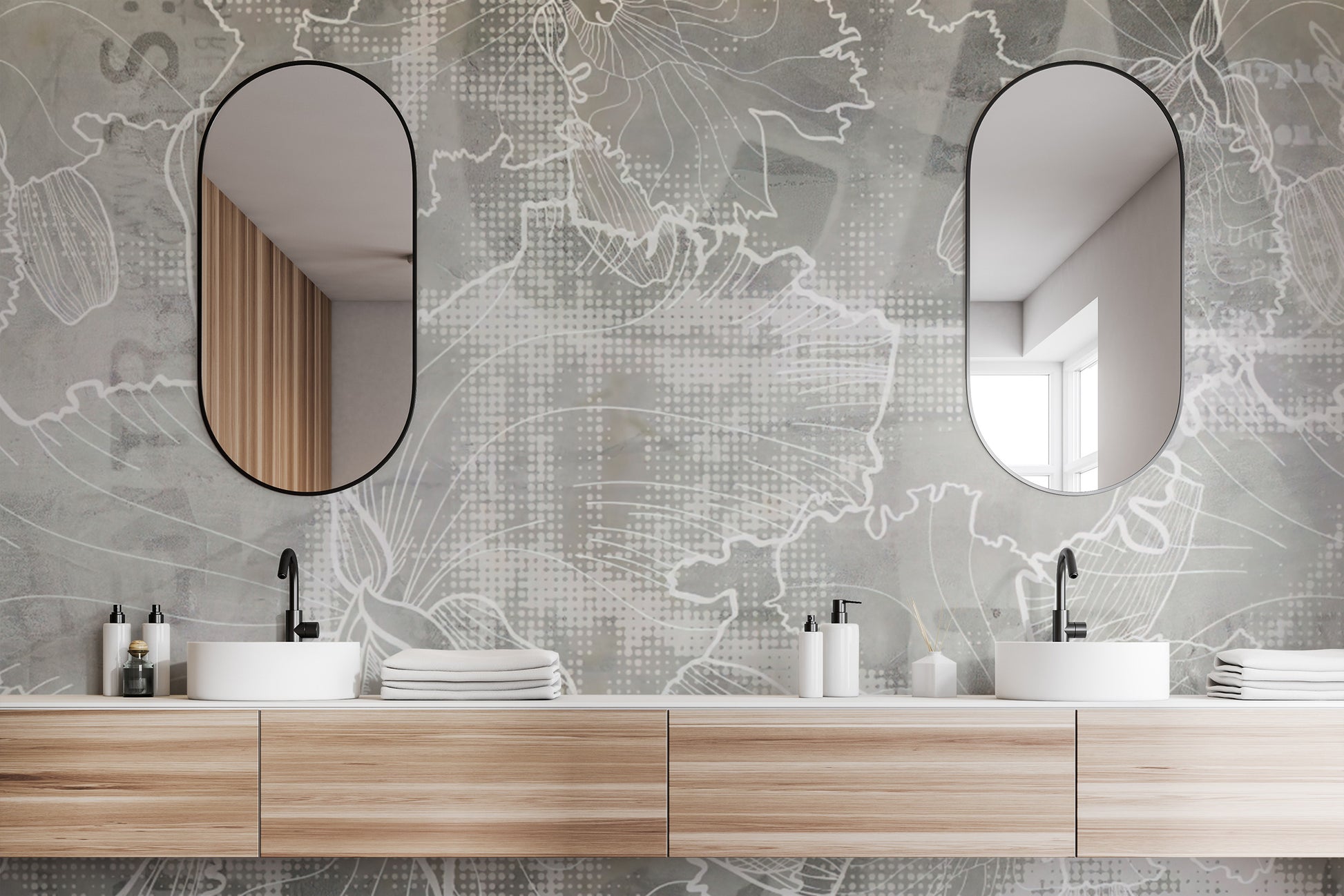 Neutral floral wallpaper with abstract artistic elements
