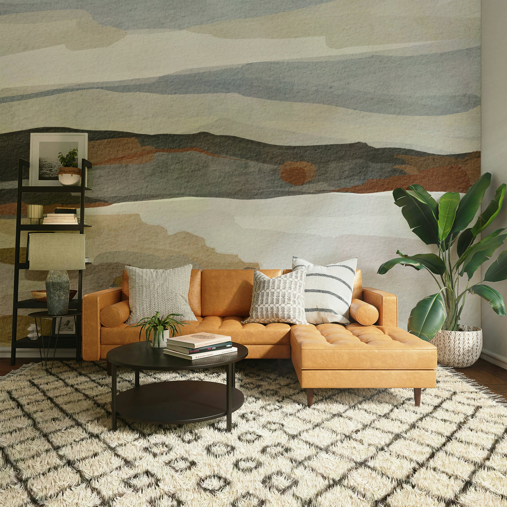 Mountain range mural wallpaper behind wooden bed

