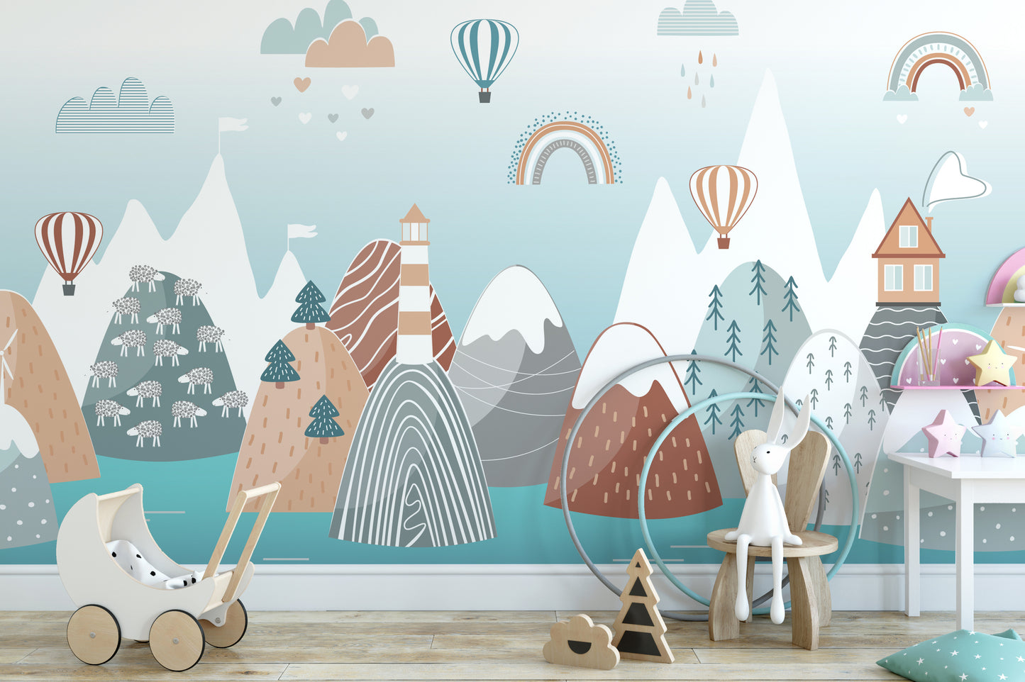 Abstract Mountain with Sea wallpaper in soft blue behind a wooden toy pram in a childs playroom