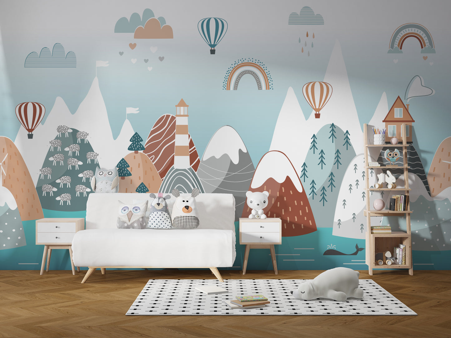 Abstract Mountain with Sea wallpaper with hot air balloons and a lighthouse behind a white sofa in a kids room