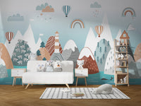 Abstract Mountain with Sea wallpaper with hot air balloons and a lighthouse behind a white sofa in a kids room