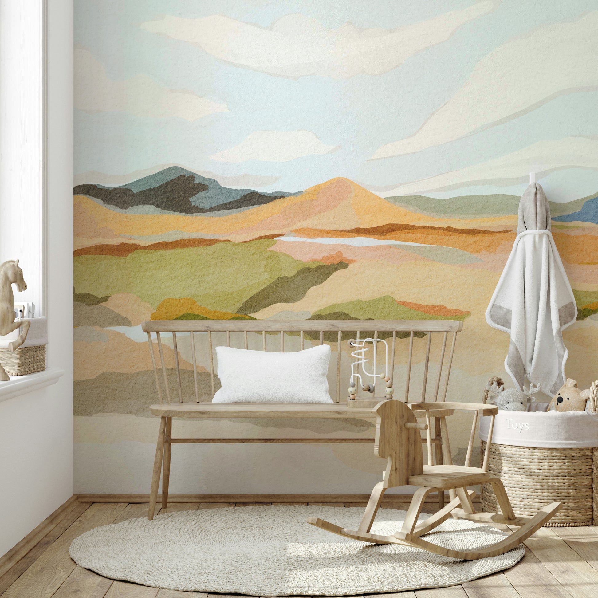 Colorful abstract mountain mural for living room walls

