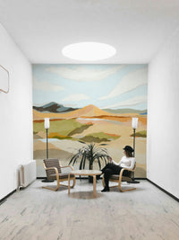 Modern abstract mural depicting mountain landscape

