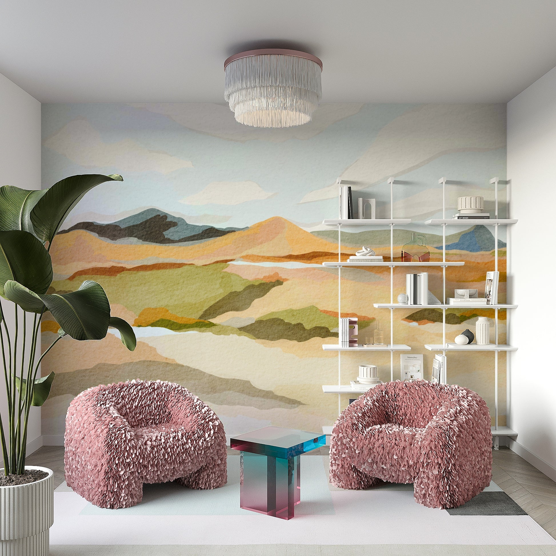 Abstract mountain vista wall mural with vibrant colors

