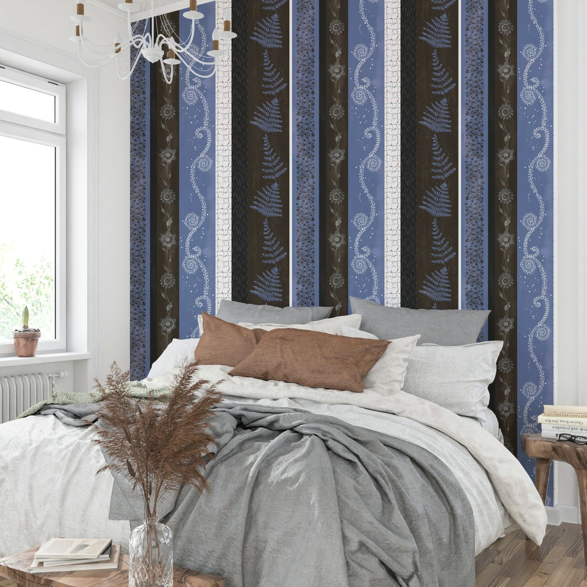 Wallpaper with fern and floral designs.


