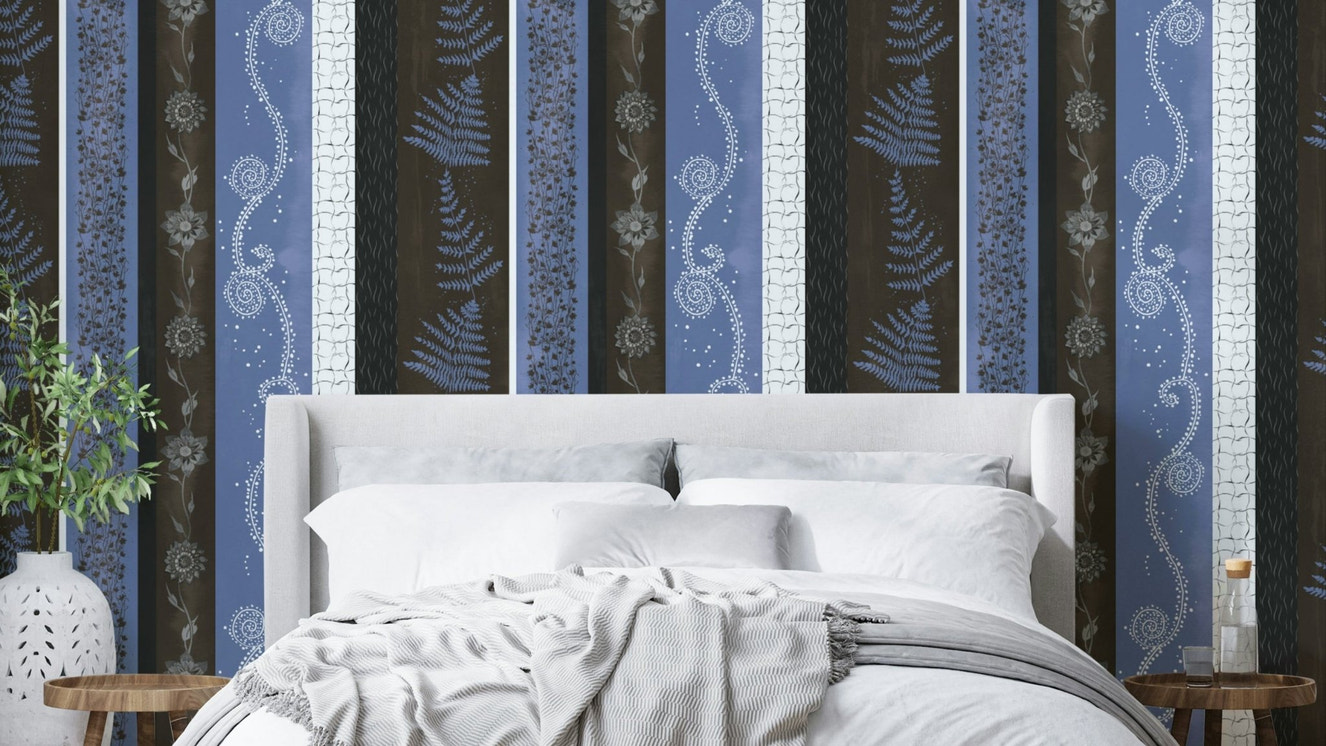 Abstract striped wallpaper with natural elements.

