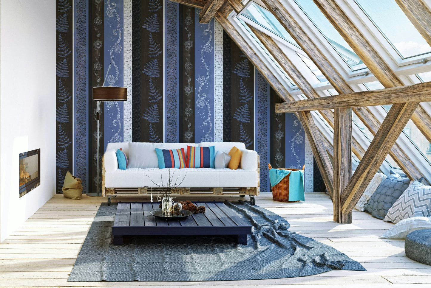 Wallpaper with vertical stripes of different patterns.

