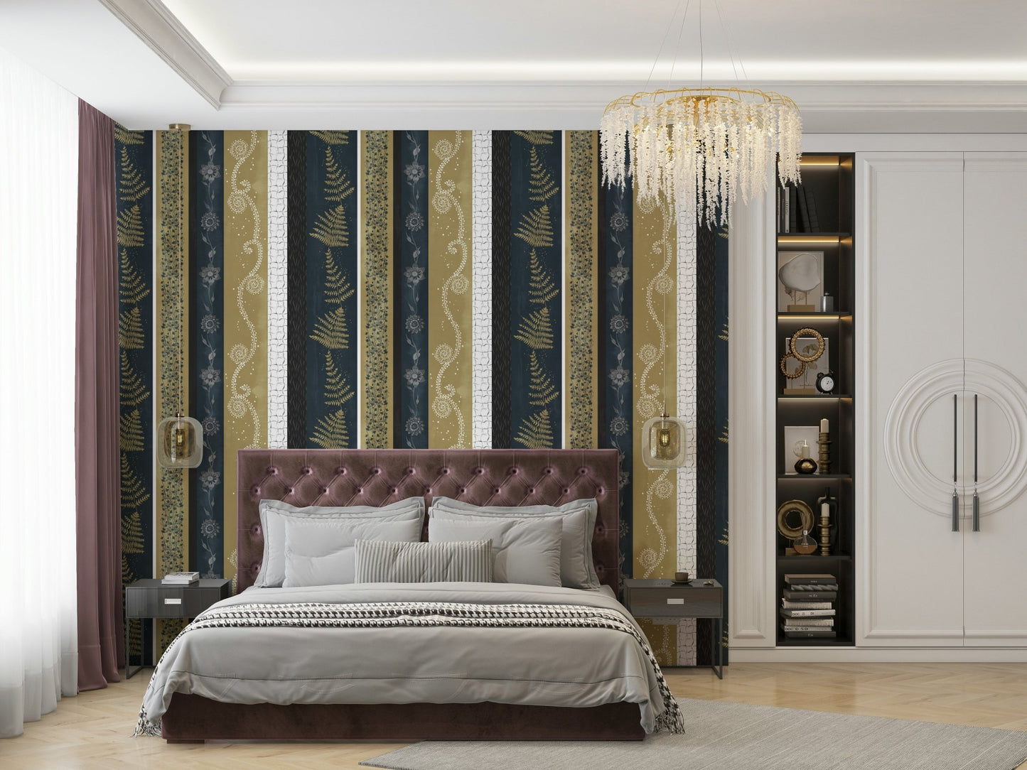Abstract Nature Stripes mural in a living room.

