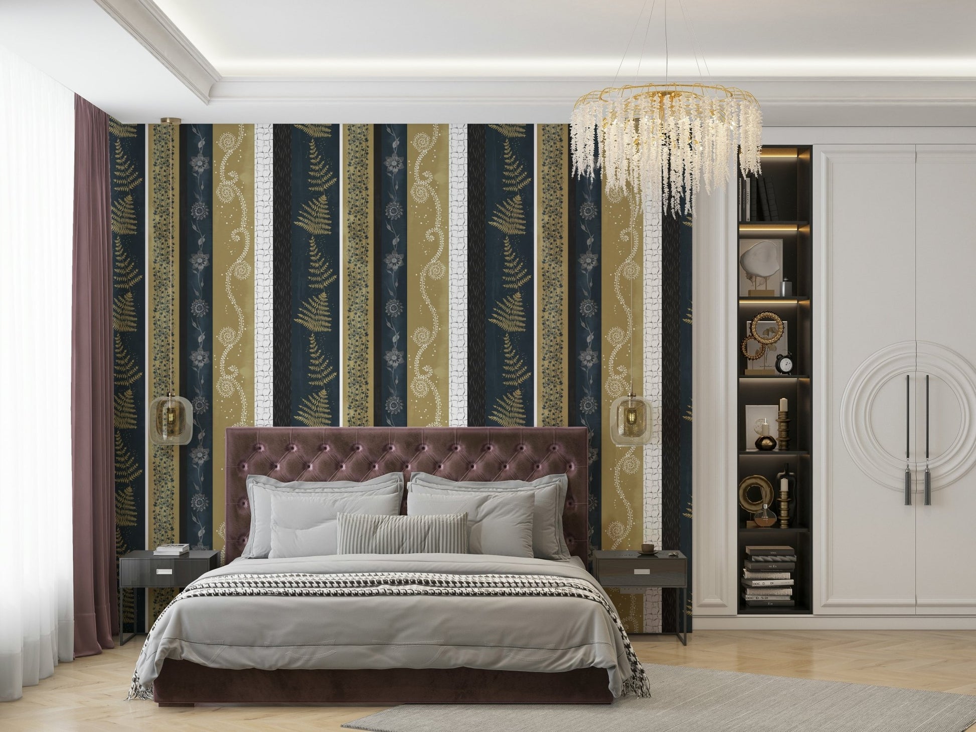 Abstract Nature Stripes mural in a living room.

