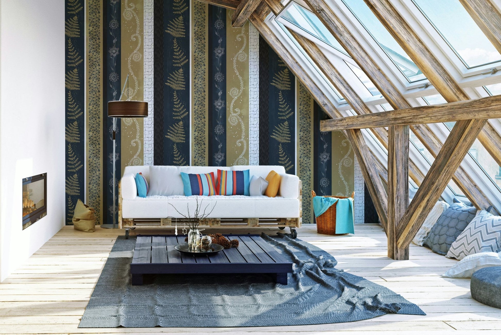 Wallpaper with vertical stripes of different patterns.

