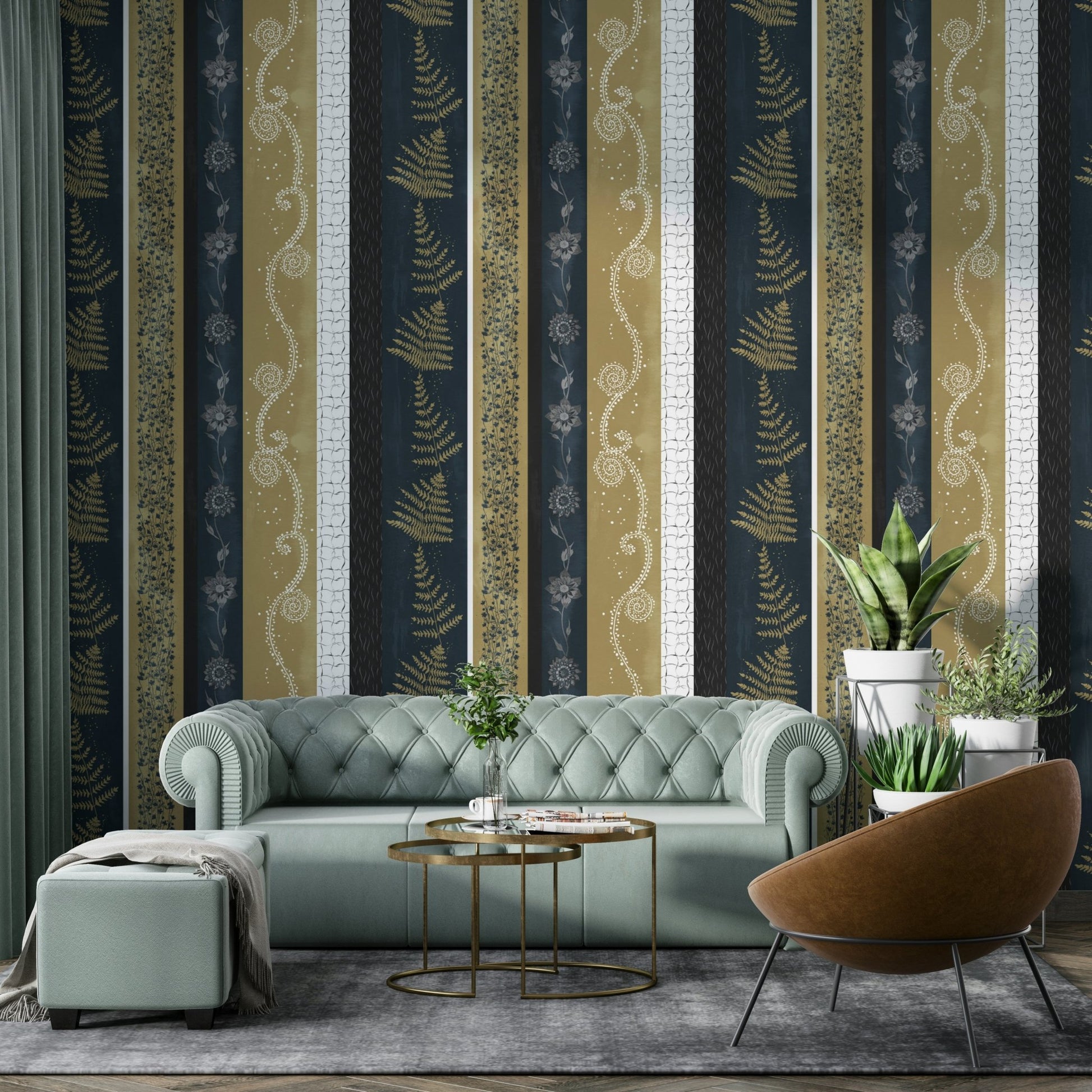 Wallpaper with fern and floral designs.

