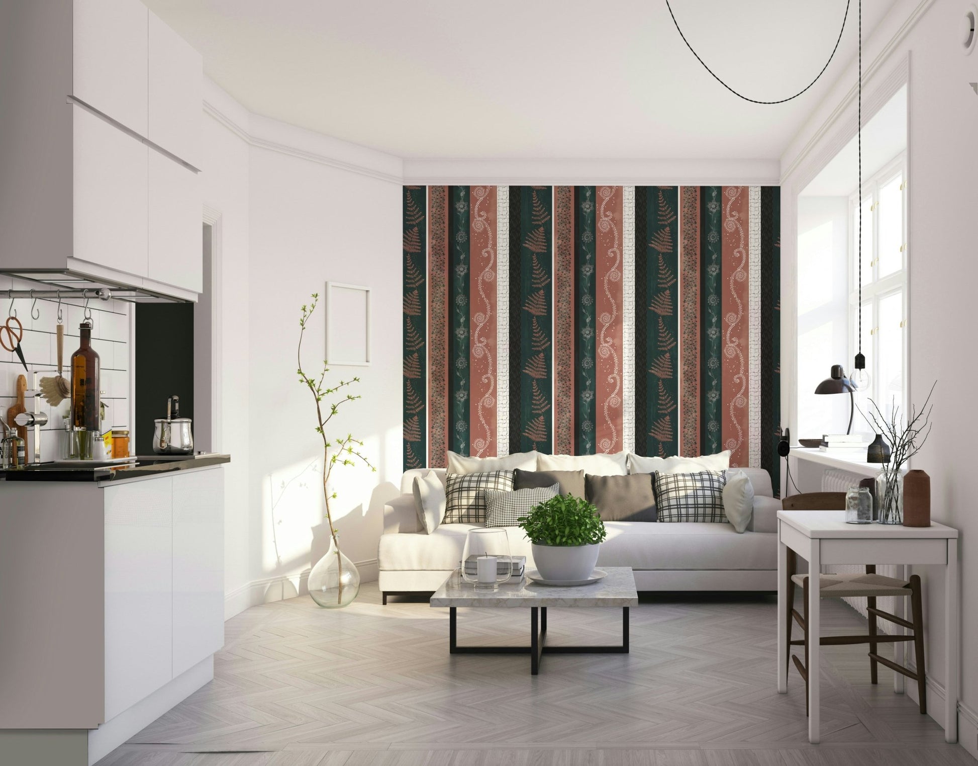 Abstract Nature Stripes mural in a living room.

