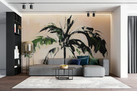 Colorful abstract palm trees against sunset backdrop