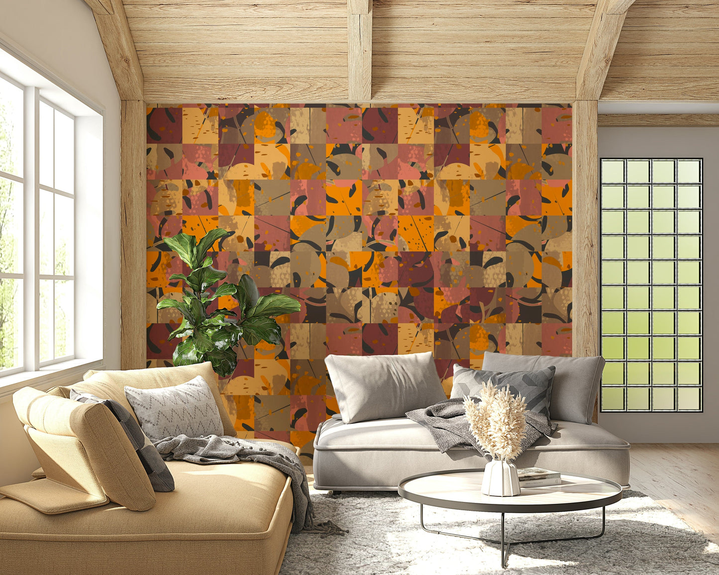 Modern mosaic squares Abstract Patchwork wallcovering richly colored abstract art.