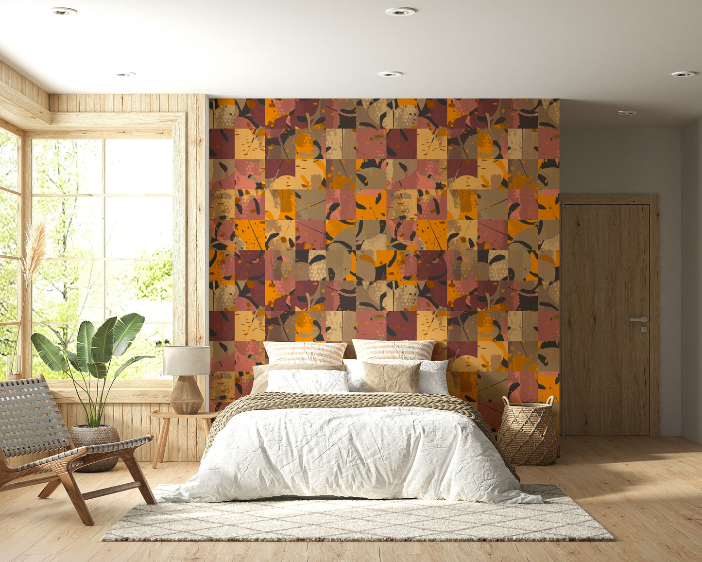Rustic terracotta orange Abstract Patchwork wallpaper for walls decorative design.