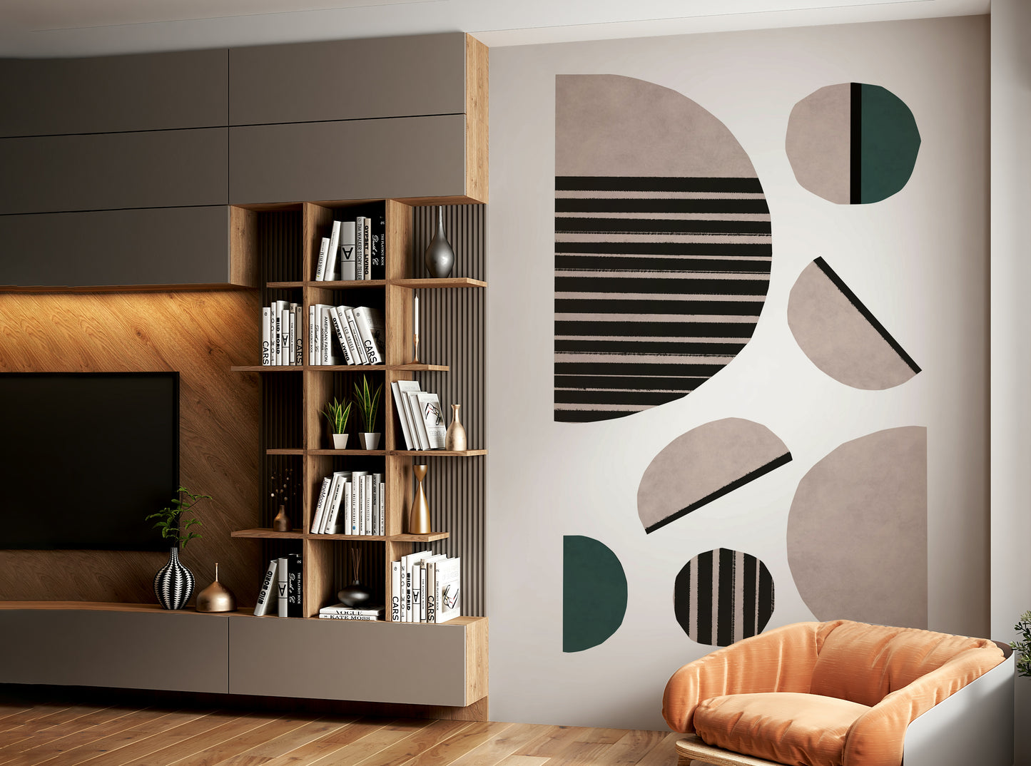 Geometric abstract wallpaper adding dimension to a bedroom.
