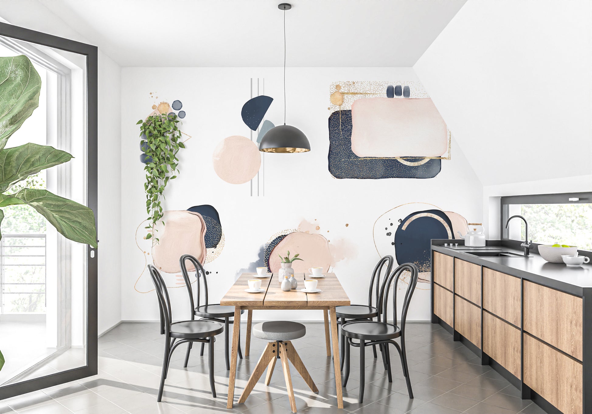 Artistic abstract shape mural with gold detailing.