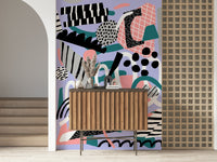 A beautiful abstract purple wallpaper mural with floating shapes.

