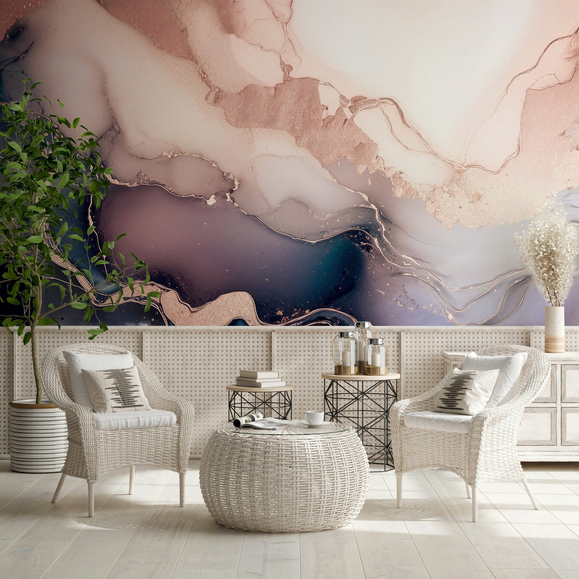 Soft Mineral Hues design mural showcasing marble-like layers in gentle purple and gray shades.