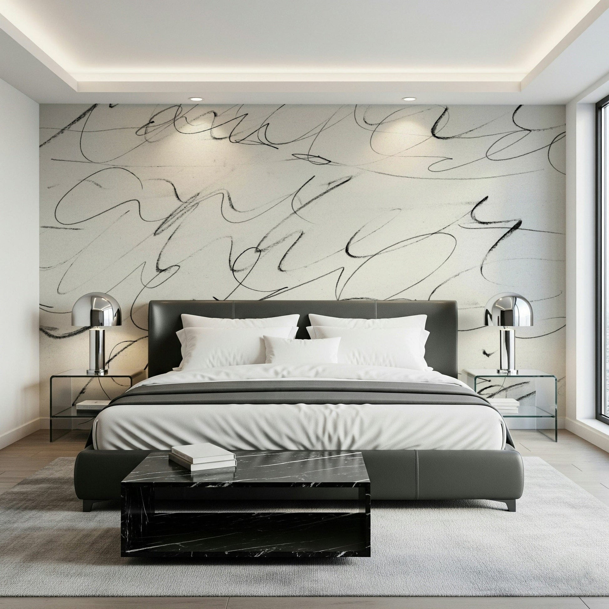 A calming abstract design wallpaper mural that defines a space.