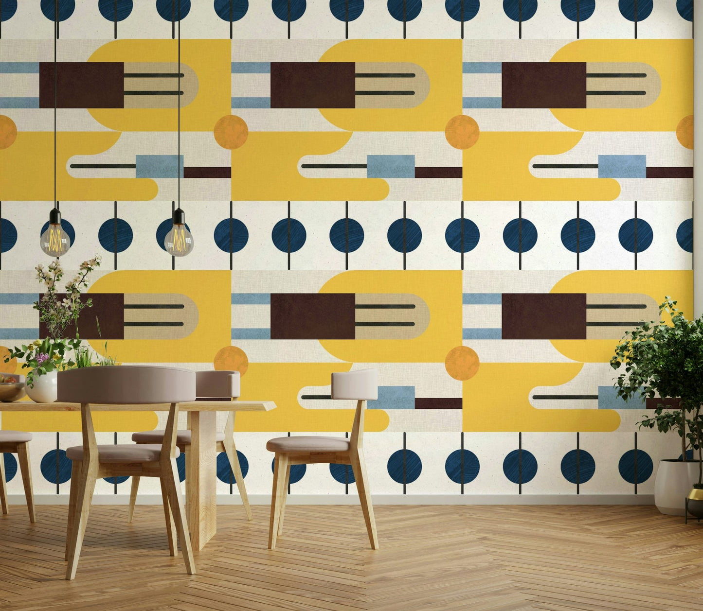 Wall mural featuring layered neutral abstract forms

