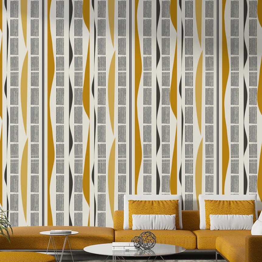 Artistic wall design featuring bold stripes and flowing shapes

