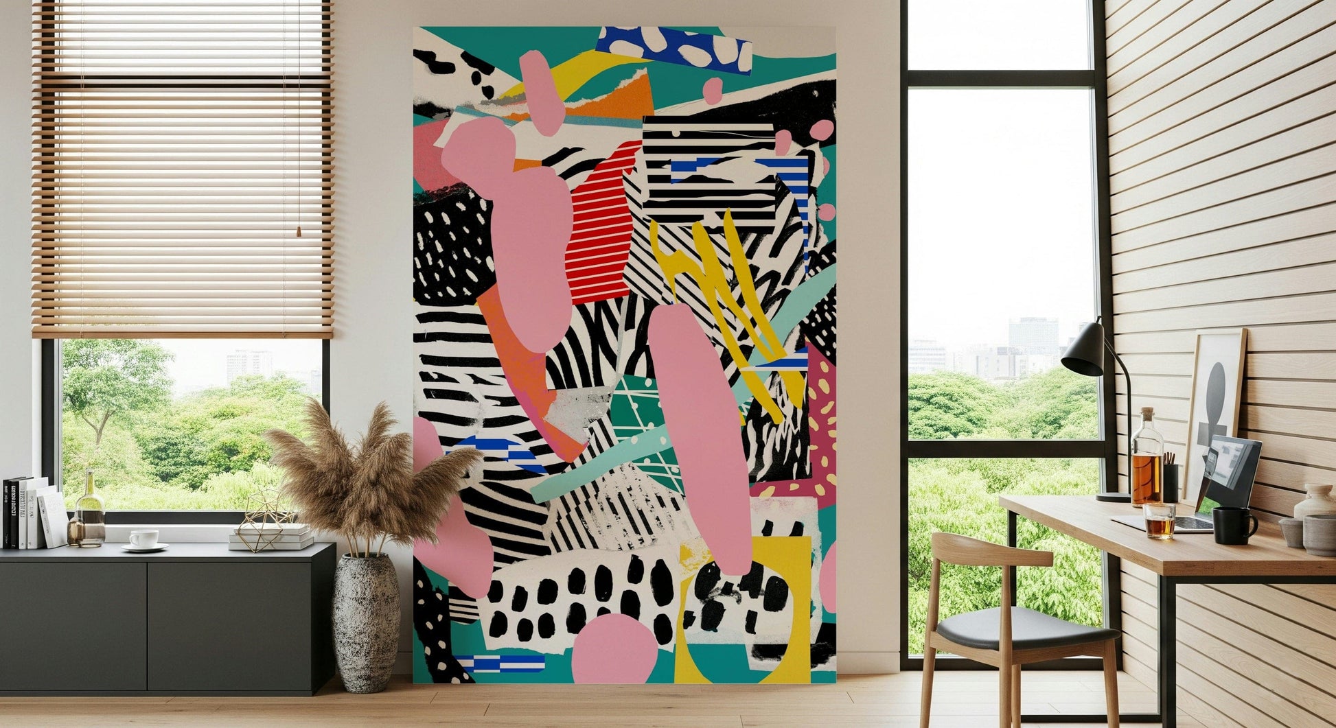 An artistic sport theme mural on minimalist wallpaper.

