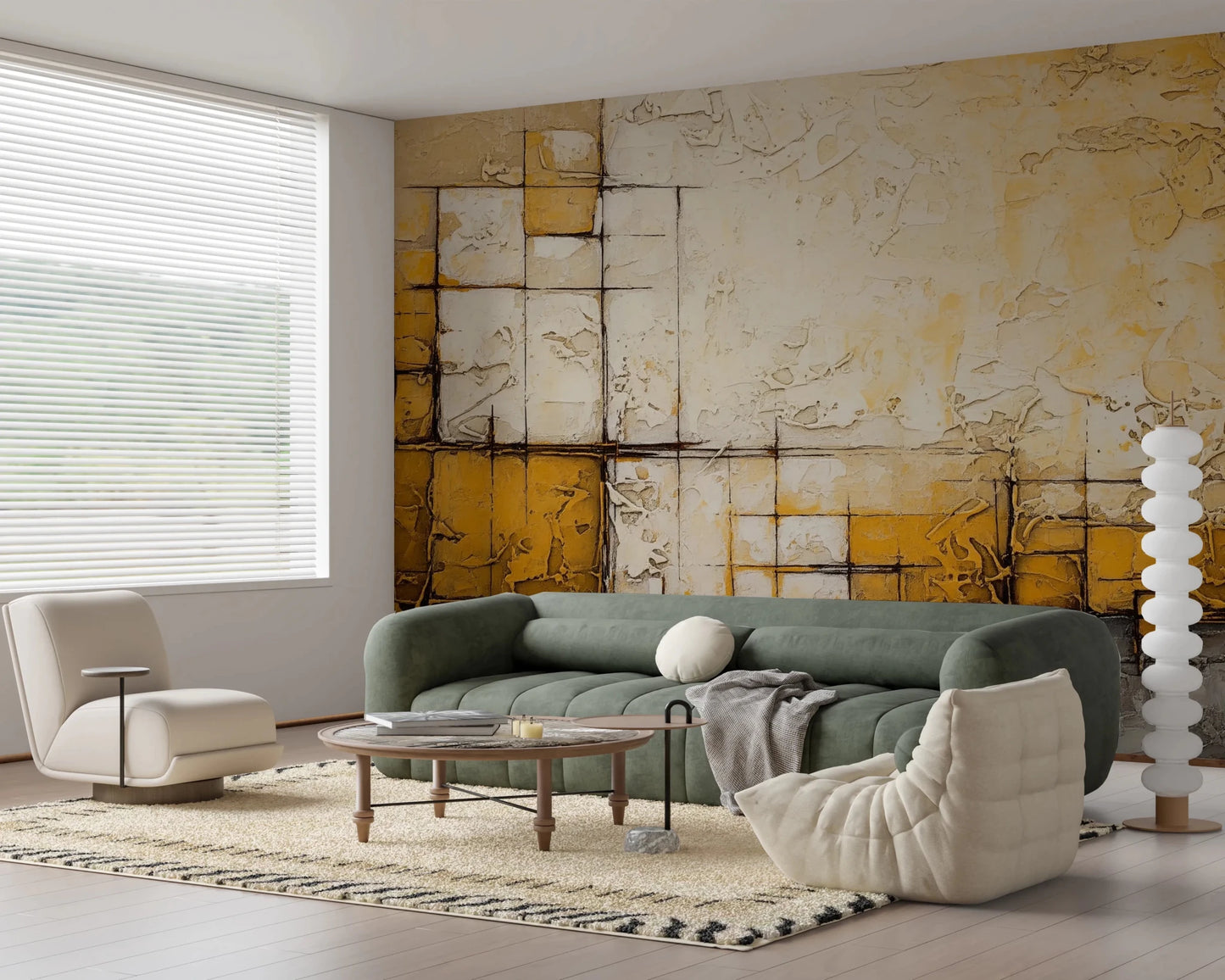 Abstract Texture wallpaper mural with golden plaster blocks behind a green boucle sofa and cream lounge chairs in a living room
