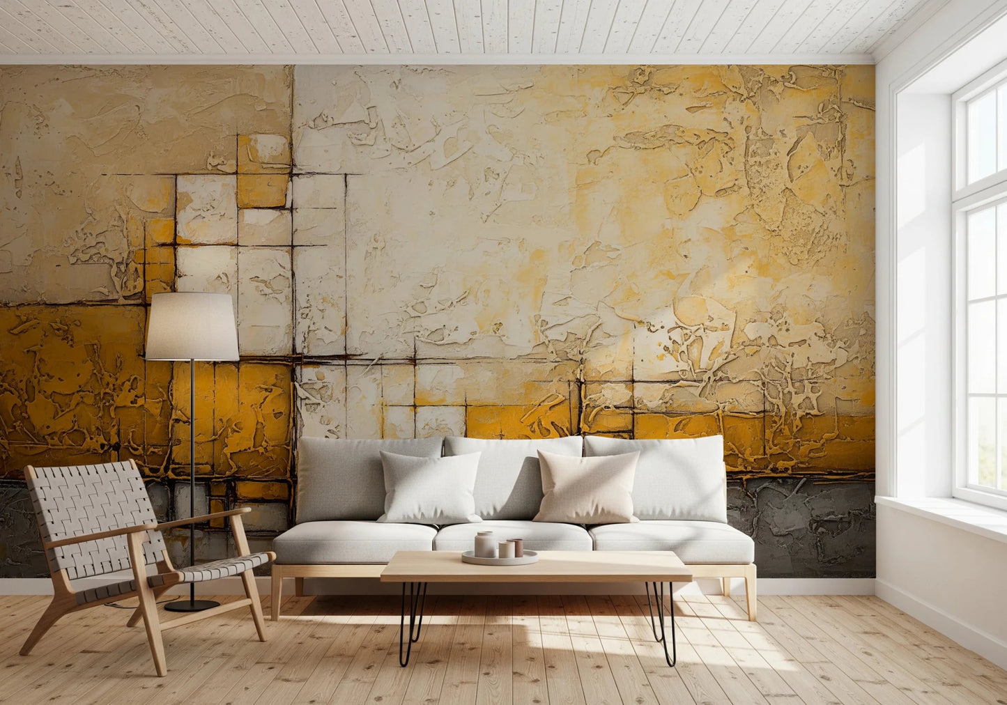 Abstract Texture wallpaper mural of mustard and cream textured blocks behind a white sofa and woven leather chair in a living room