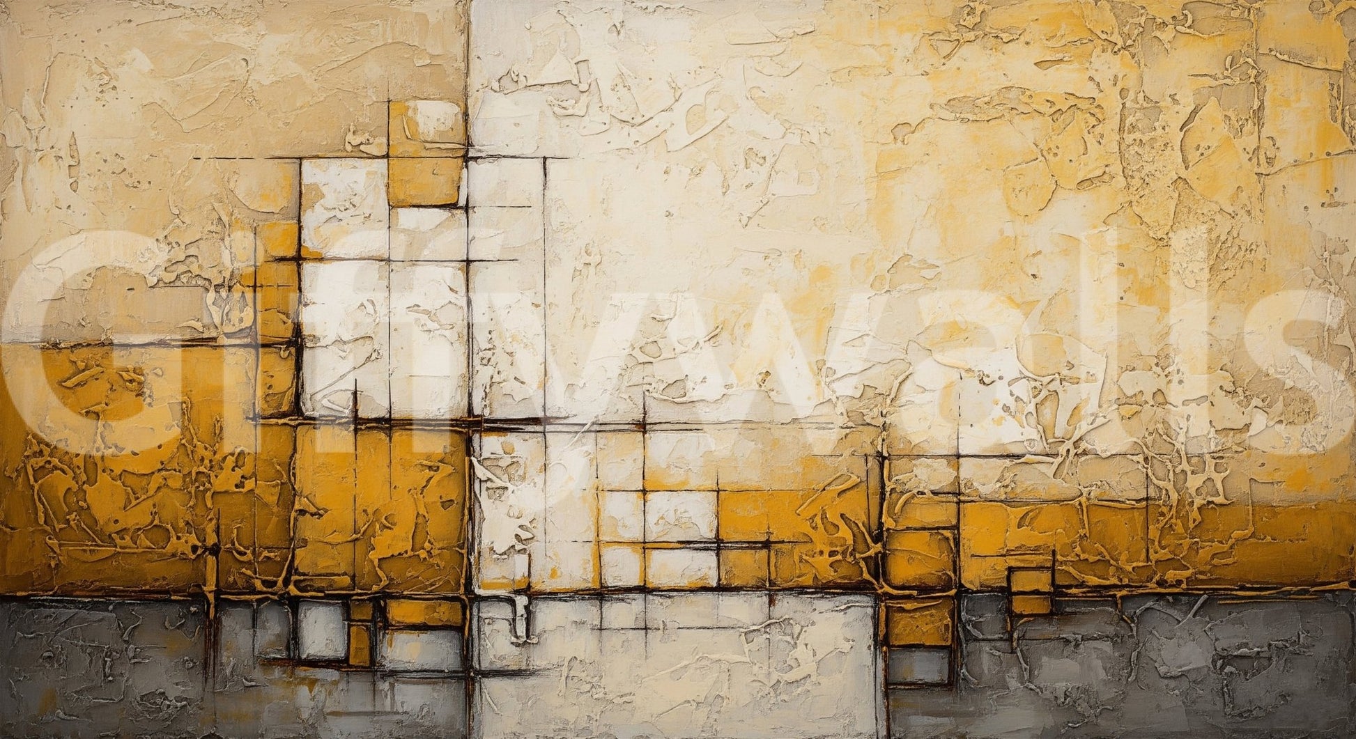 Abstract Texture wallpaper mural close-up showing the golden-yellow, cream and grey impasto block pattern with dark grid lines
