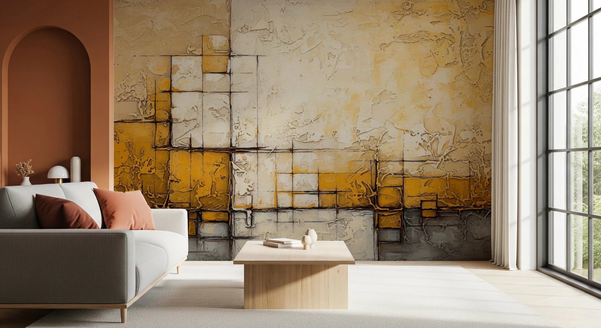 Abstract Texture wallpaper mural of yellow and cream textured squares behind a grey sofa by a terracotta arch in a living room