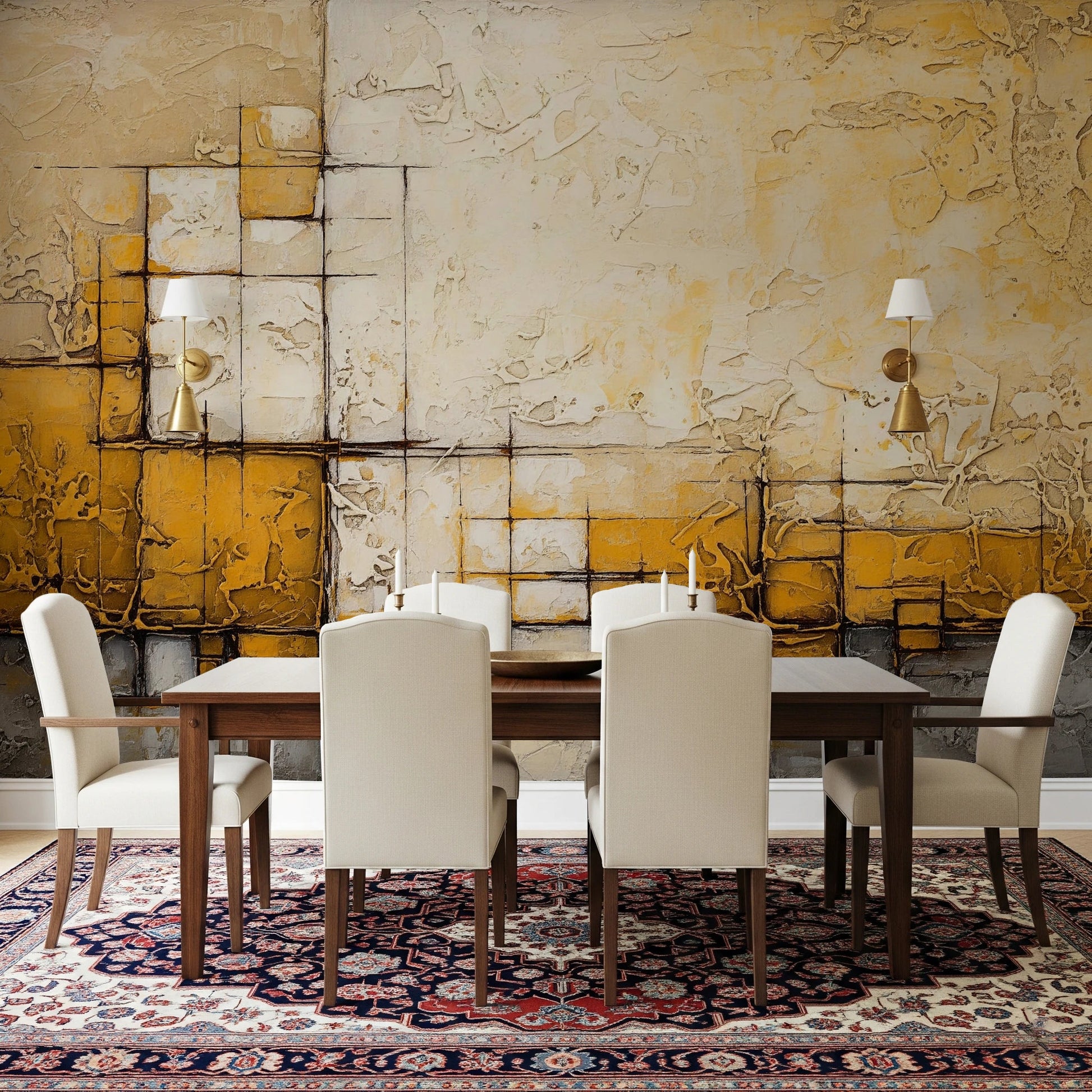 Abstract Texture wallpaper mural with gold and cream impasto blocks above a wood dining table and cream chairs on a Persian rug