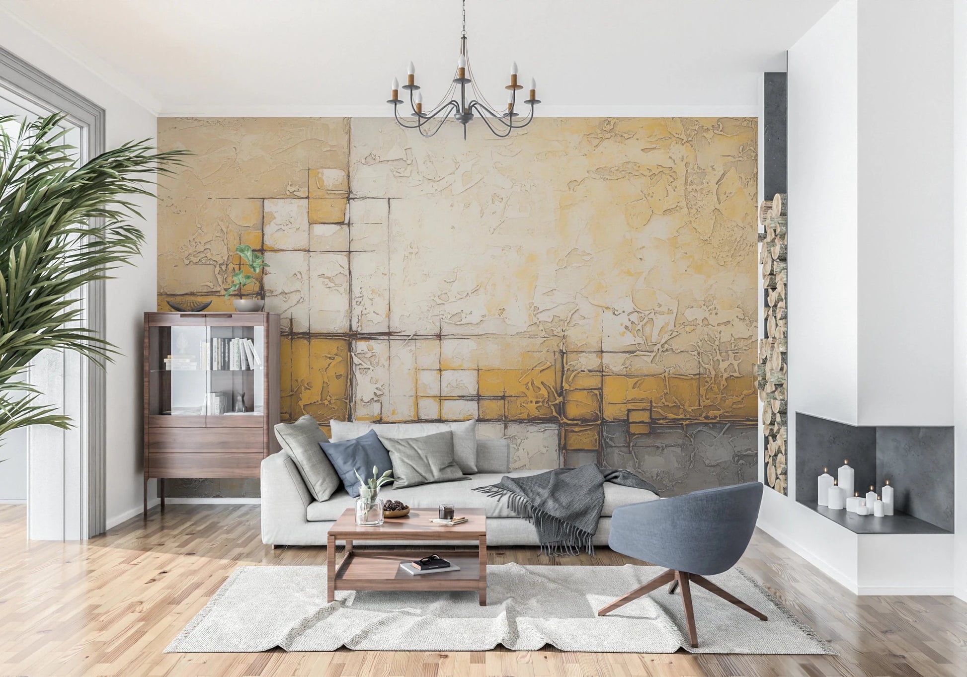 Abstract Texture wallpaper mural with golden plaster grid behind a grey sofa and blue swivel chair under a chandelier