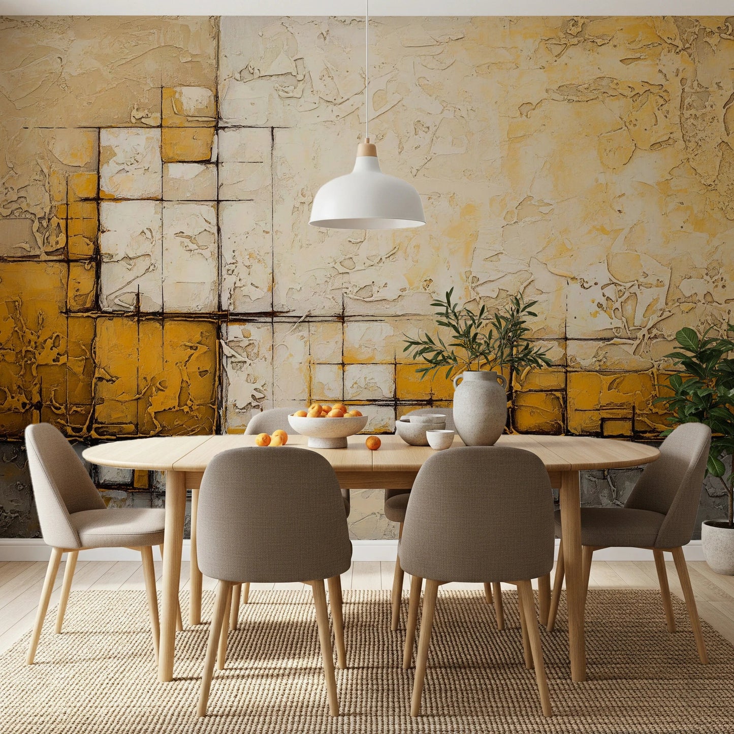 Abstract Texture wallpaper mural with golden-yellow and cream impasto squares above an oval wood dining table and taupe chairs