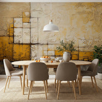 Abstract Texture wallpaper mural with golden-yellow and cream impasto squares above an oval wood dining table and taupe chairs