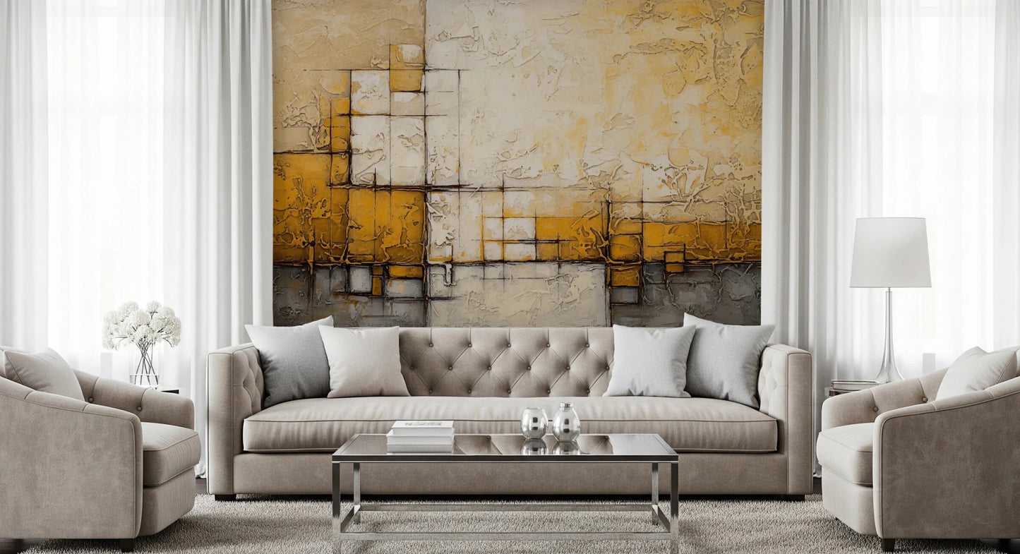 Abstract Texture wallpaper mural with gold and beige plaster grid behind a beige tufted sofa and armchairs in a living room