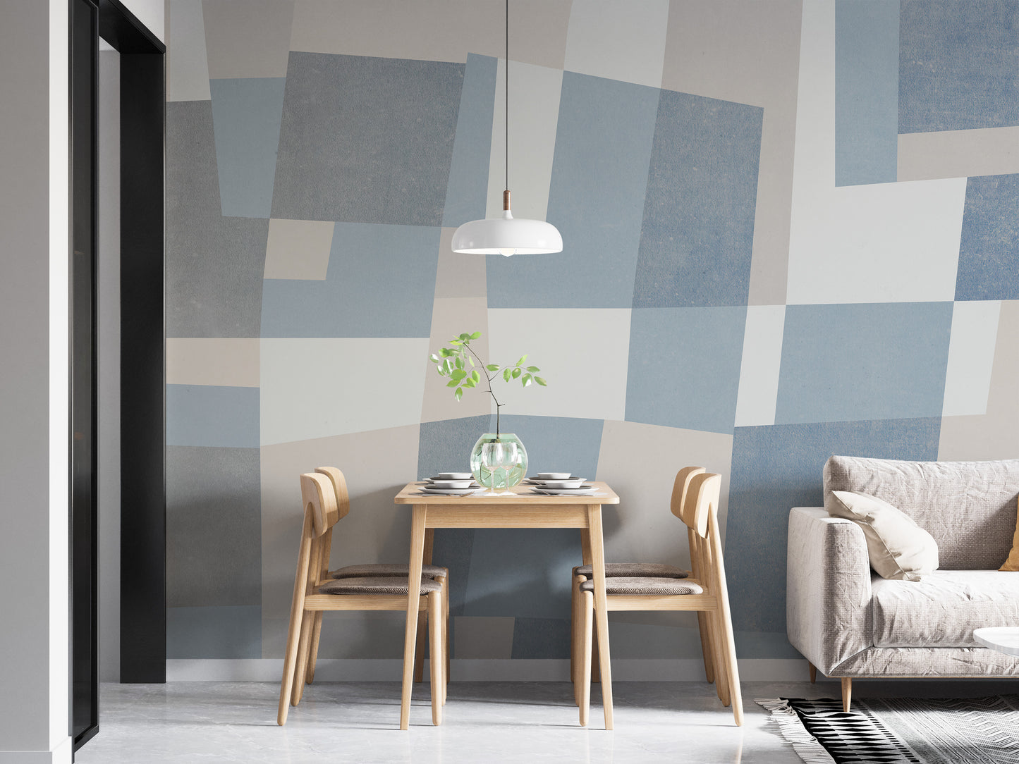 Abstract Cubist wallpaper mural of blue and grey blocks in a dining nook with wooden table and chairs