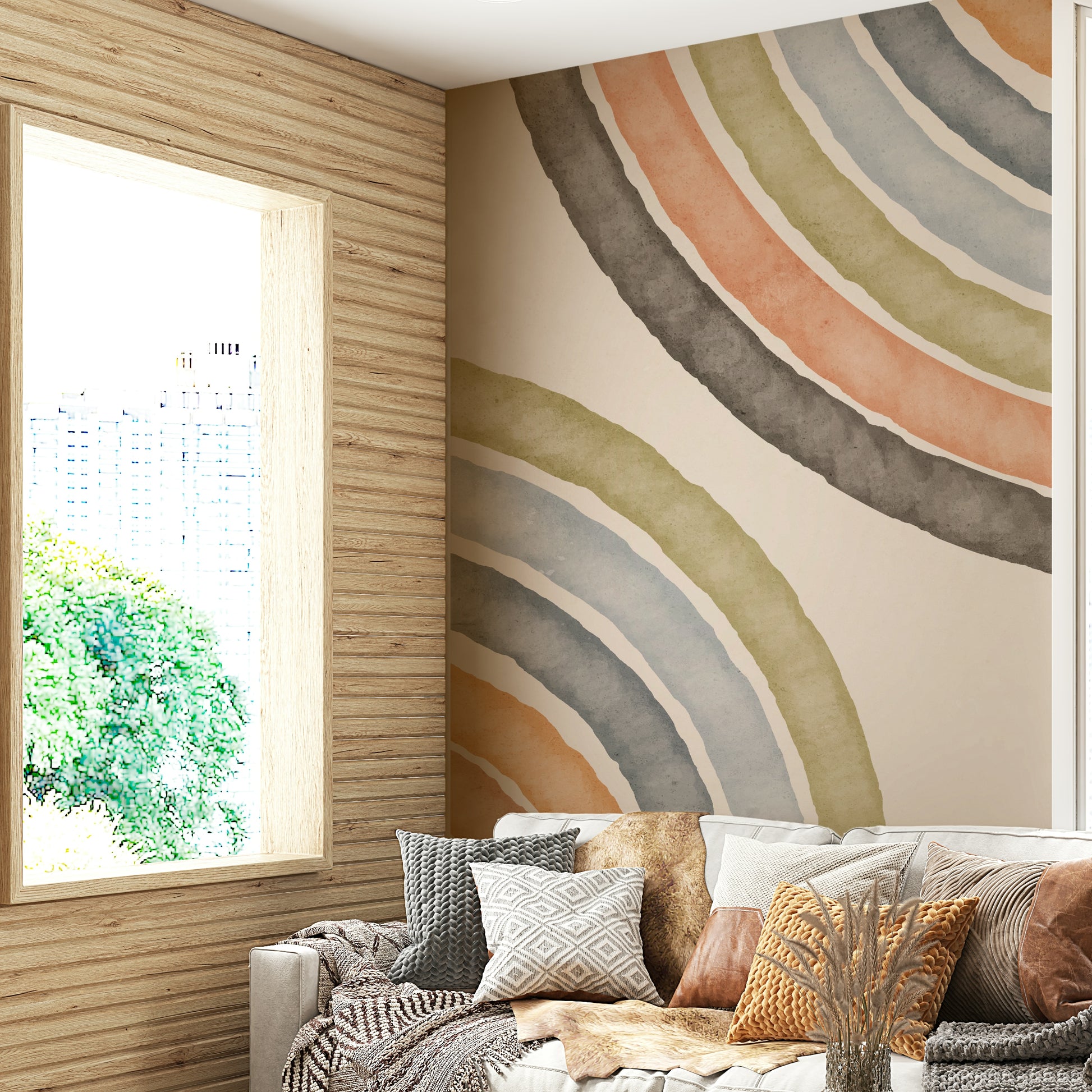 Watercolor-inspired abstract arches on mural

