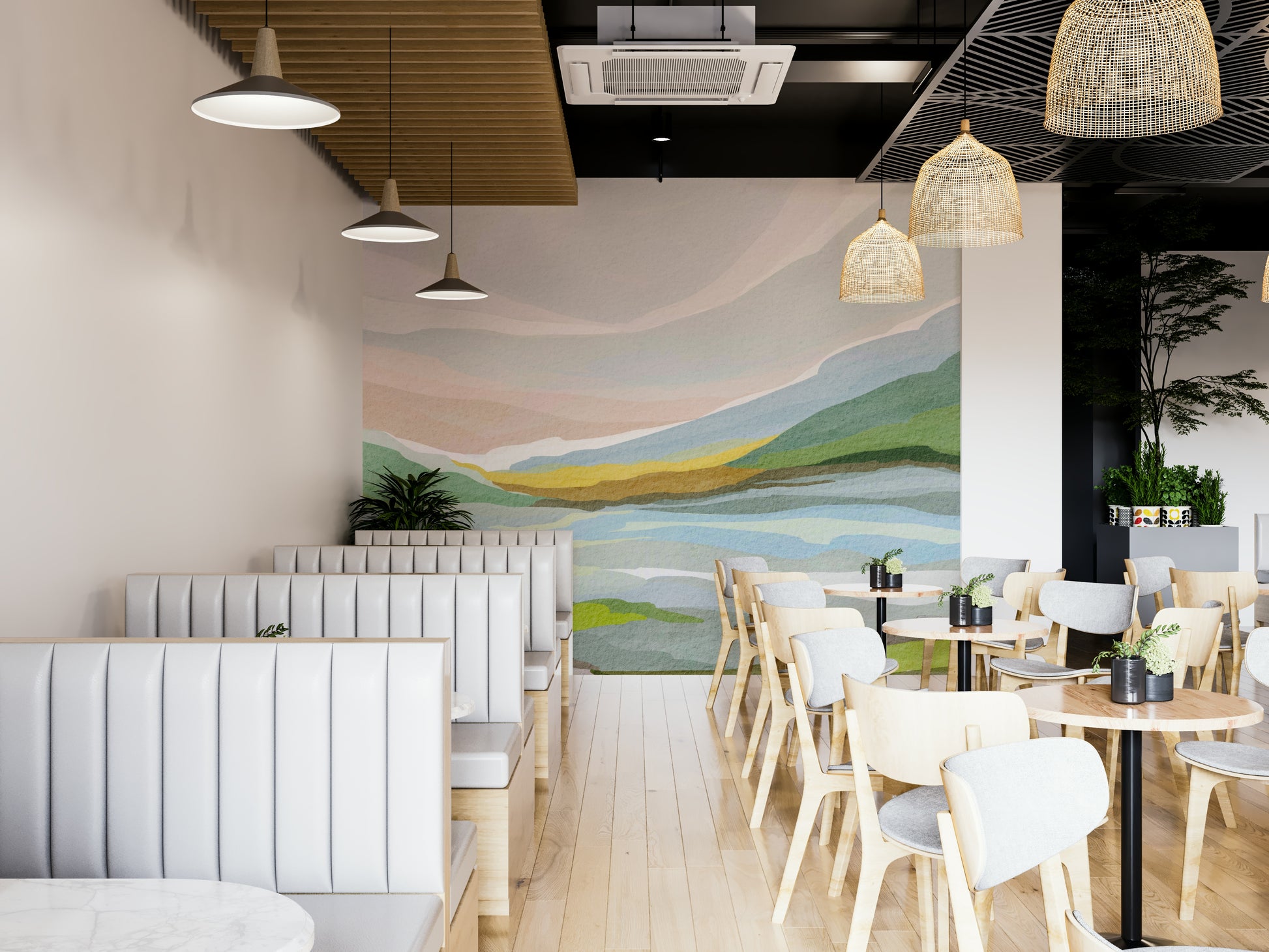 Abstract landscape mural with flowing watercolor hills

