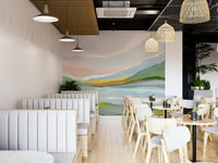 Abstract landscape mural with flowing watercolor hills

