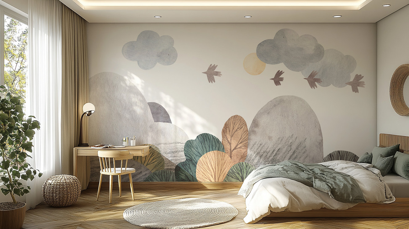 Serene abstract watercolor landscape wallpaper mural for walls.