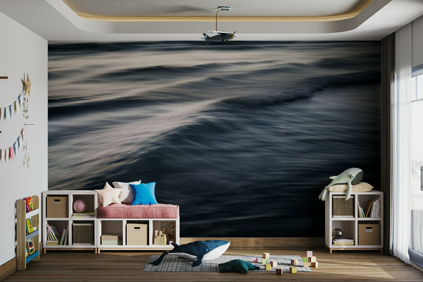 A beautiful abstract ocean wall mural for a living room.


