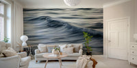 A minimalist home office with the abstract wave wallpaper.

