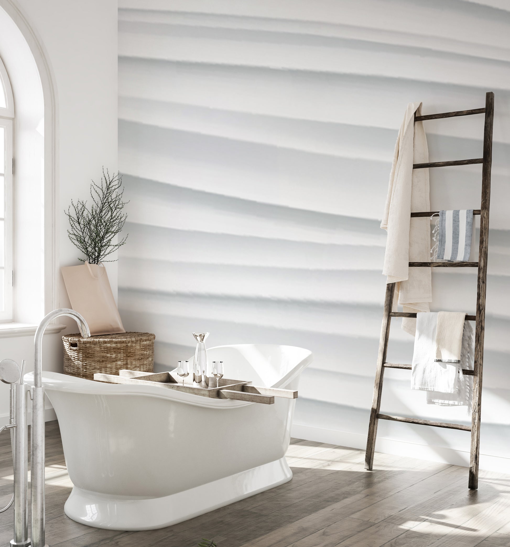 Abstract White Waves wallpaper mural of pale 3D waves behind a white roll-top tub and wooden towel ladder