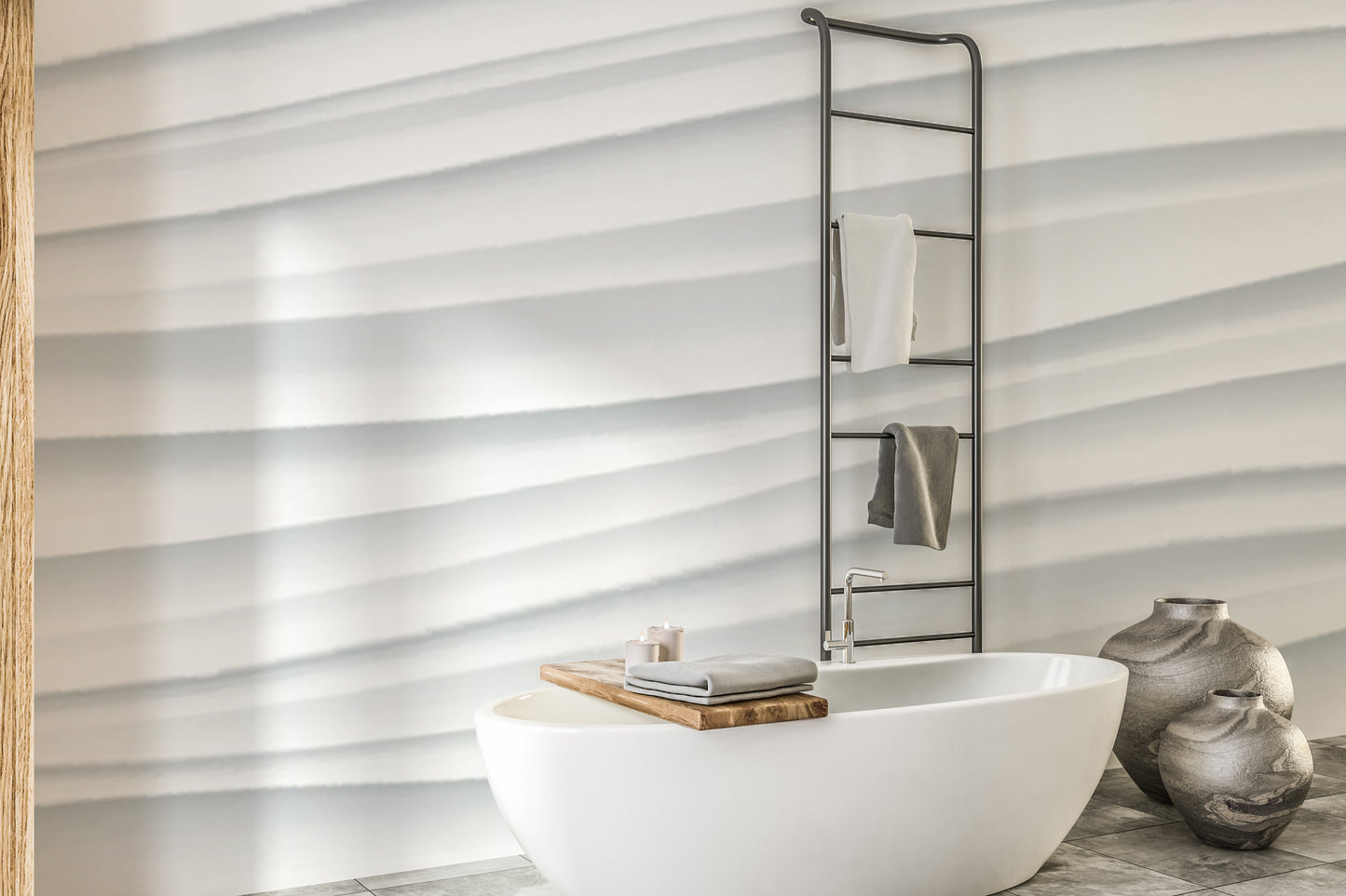 Abstract White Waves wallpaper mural of soft 3D wave ridges behind a white freestanding bath and grey vases