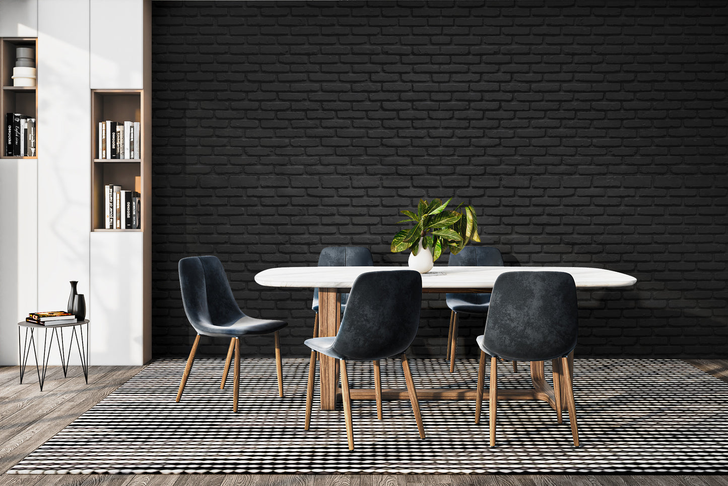 Bold black brick wallpaper accent for modern office walls
