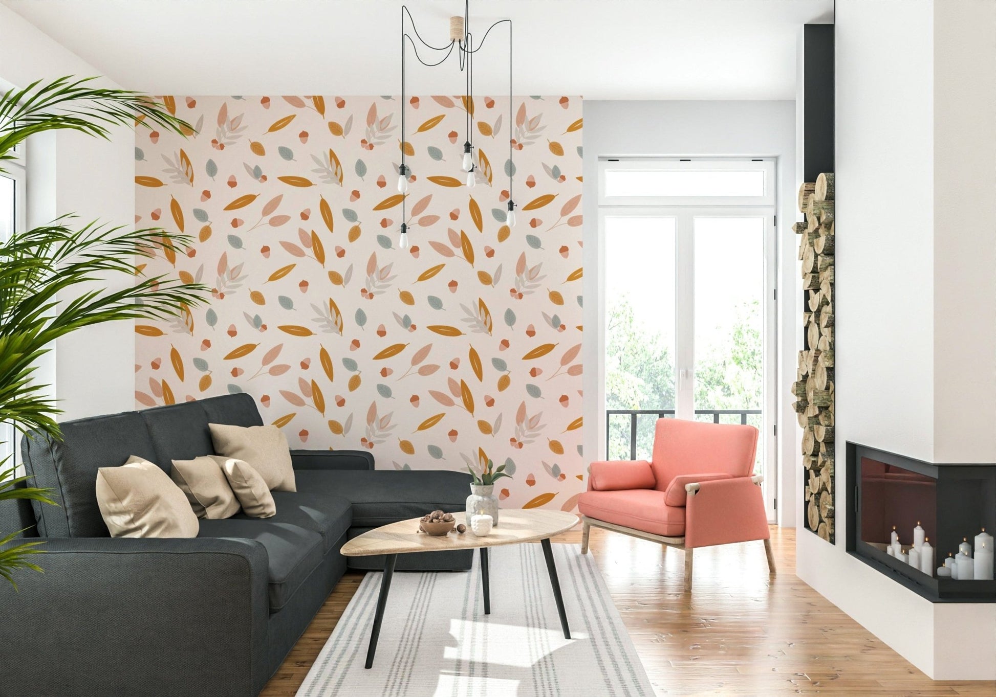 Earthy acorn shapes and muted botanical elements forming a calming seasonal wallpaper.